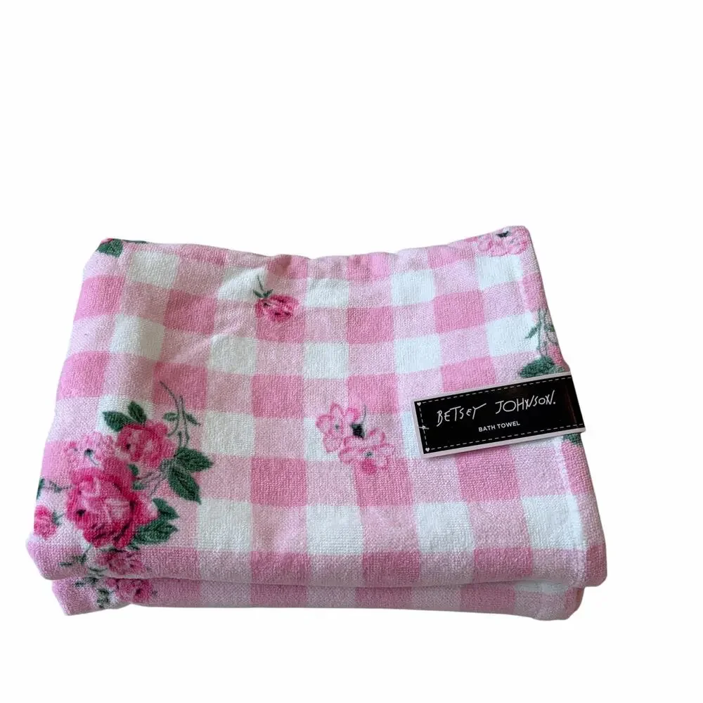 Betsey Johnson Pink Gingham Floral Towels 3pc Set 2 Bath 1 Hand 100% Cotton NEW